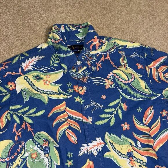 Ralph Lauren Polo Oxford Button Down Shirt Blue Floral Hawaiian Tropical Size M - Picture 1 of 7